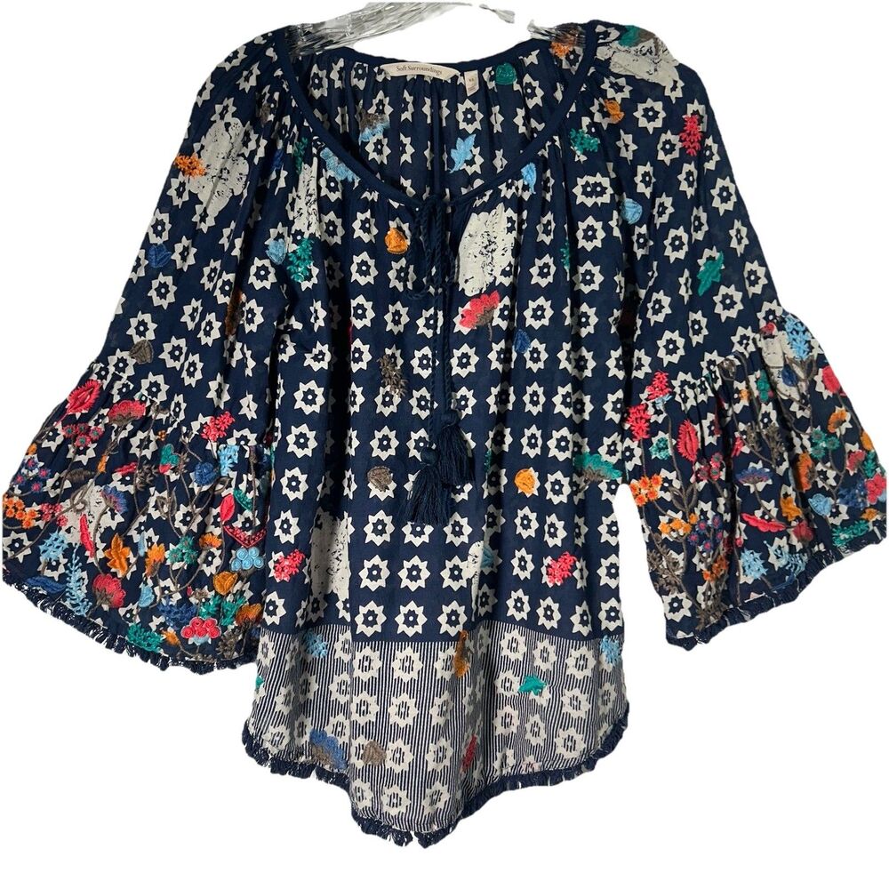 Soft Surroundings Top Blouse XS Embroidered Floral Fringe Hem Bell Sleeve Boho